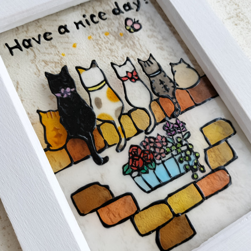 送料無料*ステンドグラス風*猫とレンガの壁・ホワイト系・黒猫・ミケ