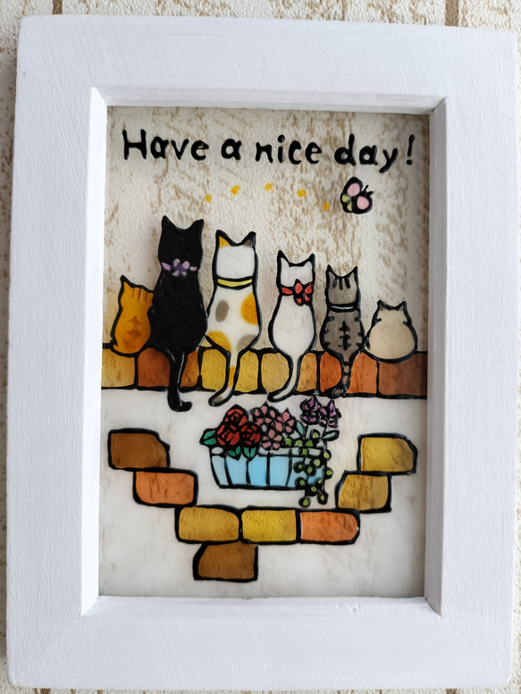 送料無料*ステンドグラス風*猫とレンガの壁・ホワイト系・黒猫・ミケ