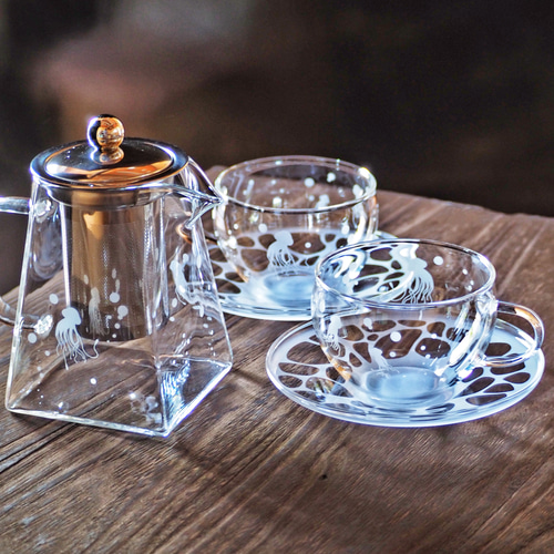 ティーセット3点】クラゲガラスティーカップ＆ソーサー2個＋