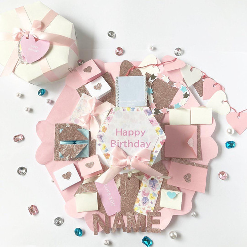 誕生日用】名入れ✳︎六角形サプライズボックス ✳︎花柄×ピンク×水色