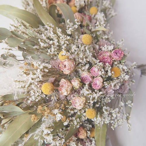 3種ユーカリとバラ、クラペディアのナチュラル スワッグ～くすみ