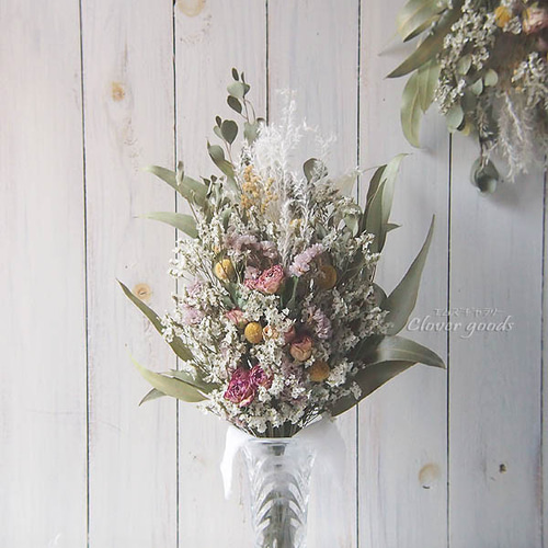 3種ユーカリとバラ、クラペディアのナチュラル スワッグ～くすみ