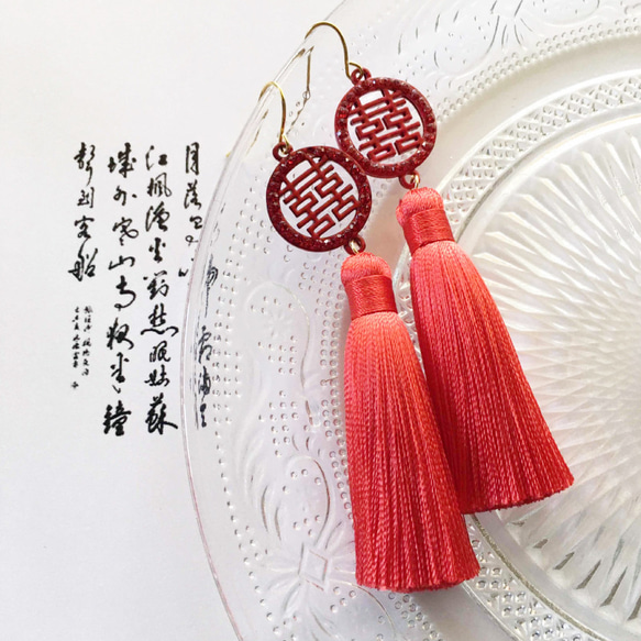 チャイナ　ピアス　双喜　タッセル　レッド　中華　中国　シノワズリ　耳飾り　14KGF/14KGP 1枚目の画像
