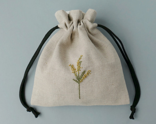 名入れ》ミモザ＊リネンの手刺繍巾着ポーチ 巾着袋 ほころもり 通販