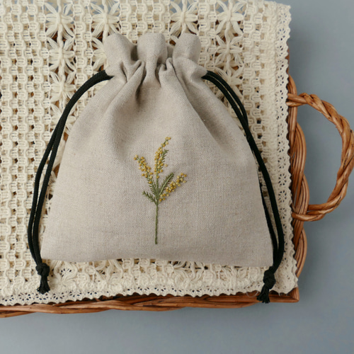 名入れ》ミモザ＊リネンの手刺繍巾着ポーチ 巾着袋 ほころもり 通販