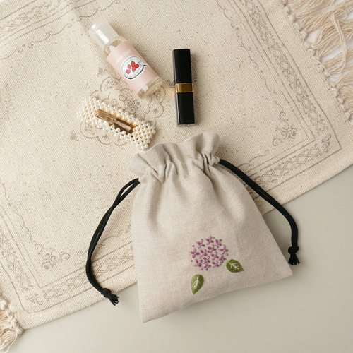 名入れ》あじさい(紫)＊リネンの手刺繍巾着ポーチ 巾着袋 ほころもり