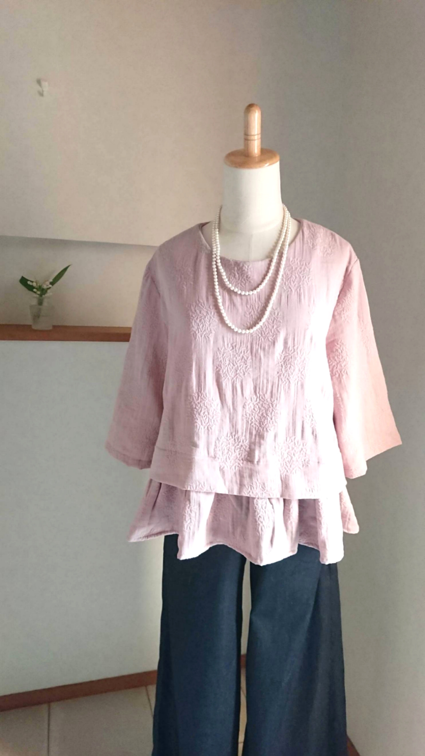 ワッシャーWガーゼ★ラージフラワー刺繍のプルオーバー★七分袖★即日発送＆送料無料