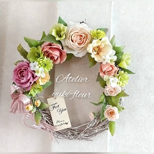 ☆粘土の花 【薔薇のリース】☆ アートフラワー ユキ・フルール