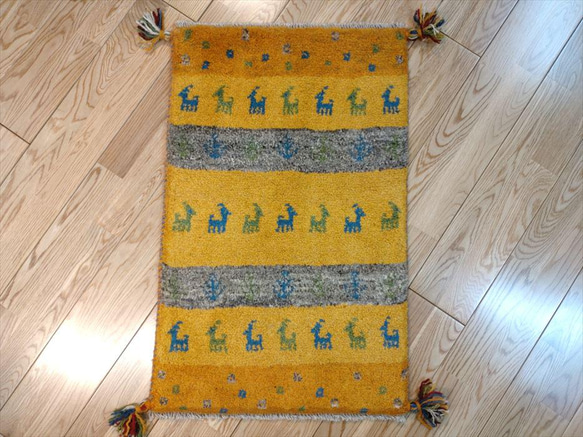 ペルシャ絨毯　ギャッベ　イエロー×グレー　グラデーション柄　78×50　玄関マット 3枚目の画像