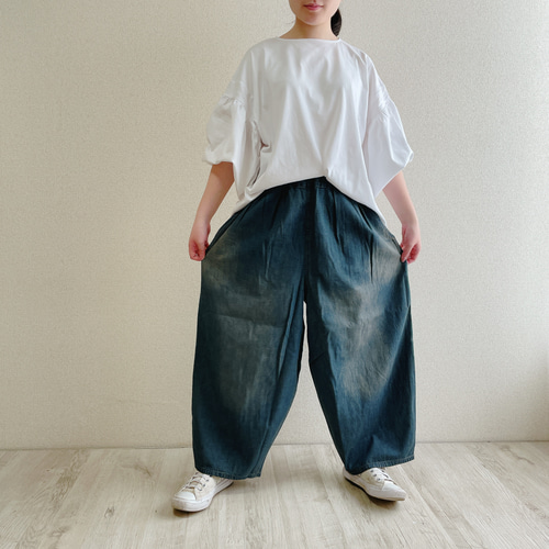 インディゴ】まるでパジャマみたいなデニムパンツ ゴムが選べる タック