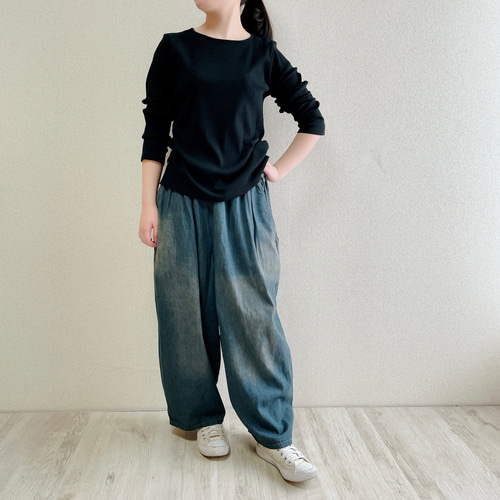 インディゴ】まるでパジャマみたいなデニムパンツ ゴムが選べる タック