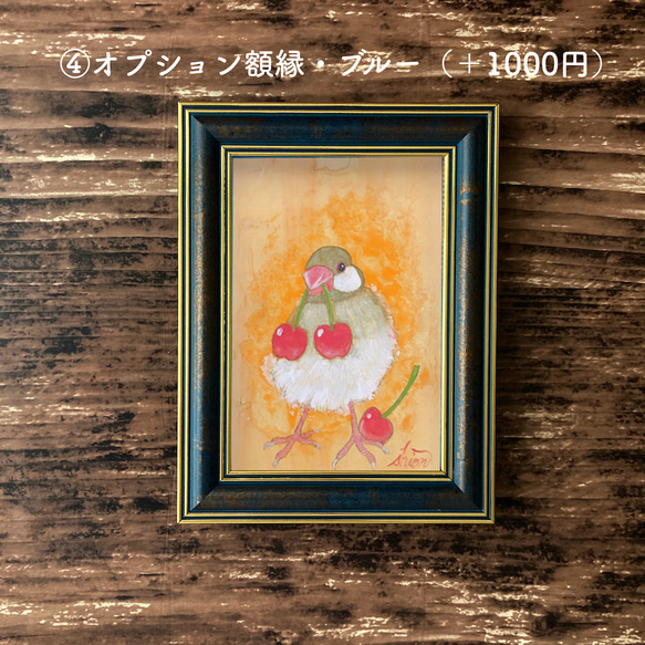 ミニ日本画　さくらんぼ文鳥（シナモン文鳥）　鳥の絵画 11枚目の画像