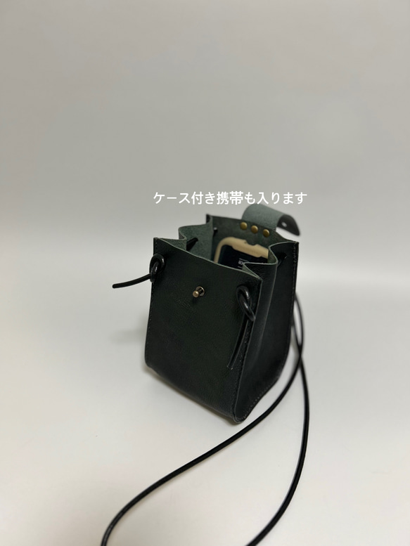 再販　姫路レザー巾着ポシェット◆黒　サコッシュ　ショルダーバック　スマホポシェット　スマホショルダー　巾着袋 2枚目の画像