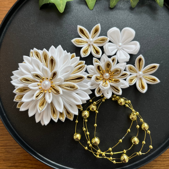 つまみ細工　髪飾り　ダリアセット　選べるゴールドシルバー 3枚目の画像