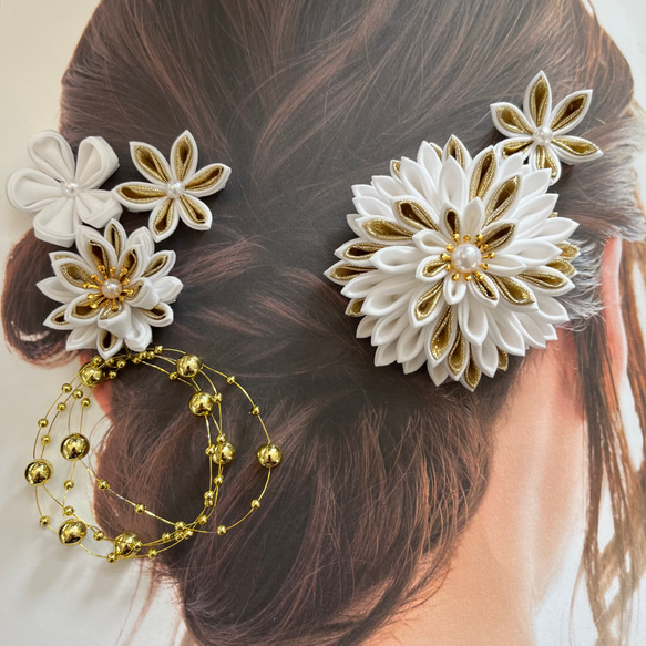 つまみ細工　髪飾り　ダリアセット　選べるゴールドシルバー 9枚目の画像