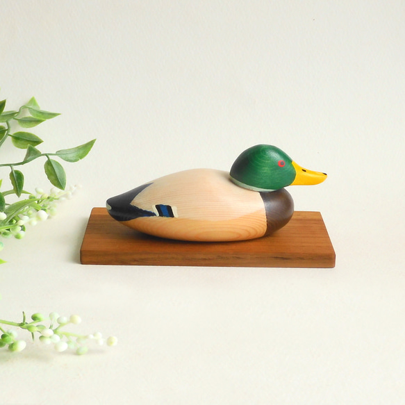 ミニデコイ マガモ オス(★台付き) mini decoy / wooden mallard duck 2枚目の画像