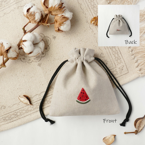 名入れ》すいか＊リネンの手刺繍巾着ポーチ 巾着袋 ほころもり 通販  