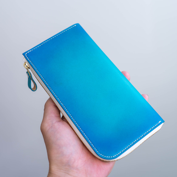小銭を並べて収納 L字ファスナーロングウォレット【 エメラルドブルーグラデーション 】 3枚目の画像