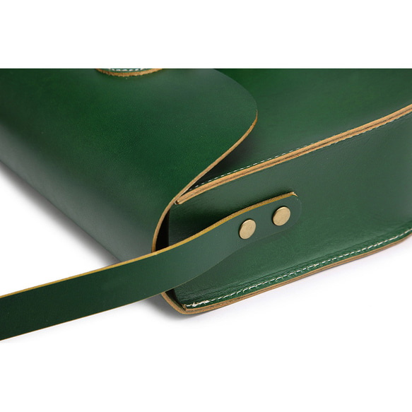 ショルダーバッグ 本革 ヌメ革 斜めがけ 背面ポケット付き レディースバッグ グリーン 緑 094 5枚目の画像