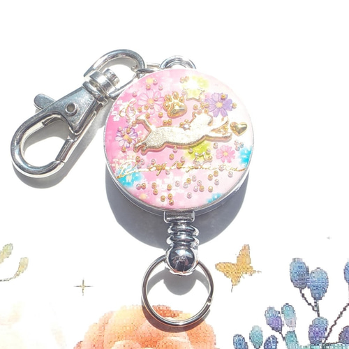 再販】レジンアクセサリー ジャンプする猫 リールキーホルダー