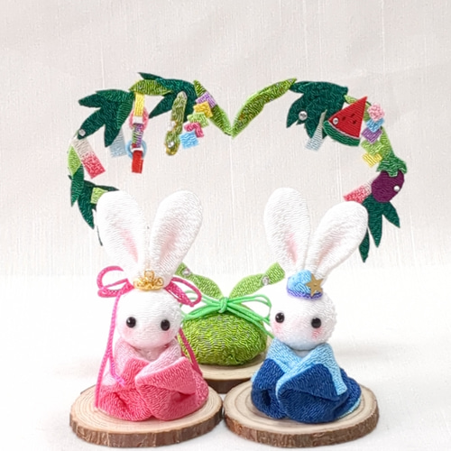 ちりめん細工うさぎさんの七夕さま つまみ細工 ちりめん細工 うさぎの織姫彦星 七夕飾り No.06