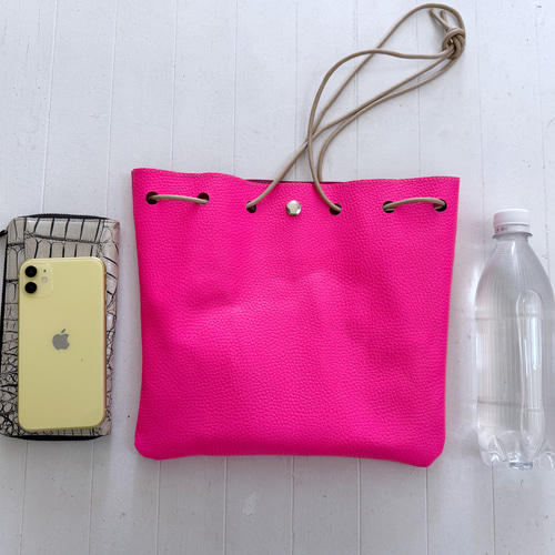 一枚革 巾着バッグ 本革 蛍光ピンク ネオン 巾着バッグ Second