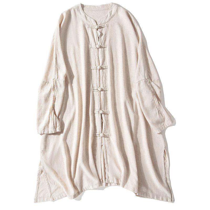 リネンロングシャツ　麻ジャケット　レトロ　ノットボタン　ゆとり　ベージュ　L229