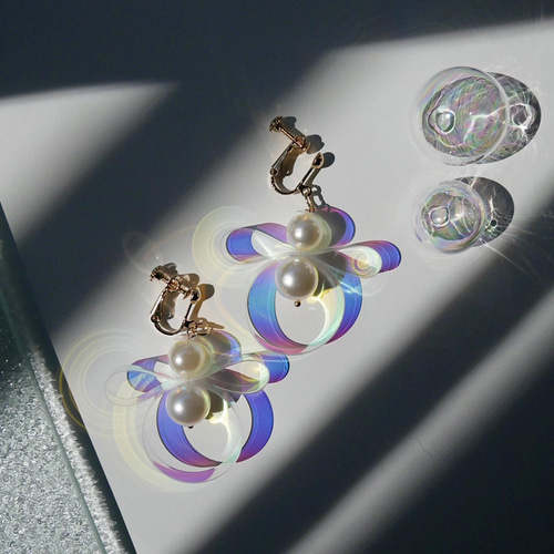 PVC リボン イヤリング/ピアス 【オーロラクリア】 イヤリング