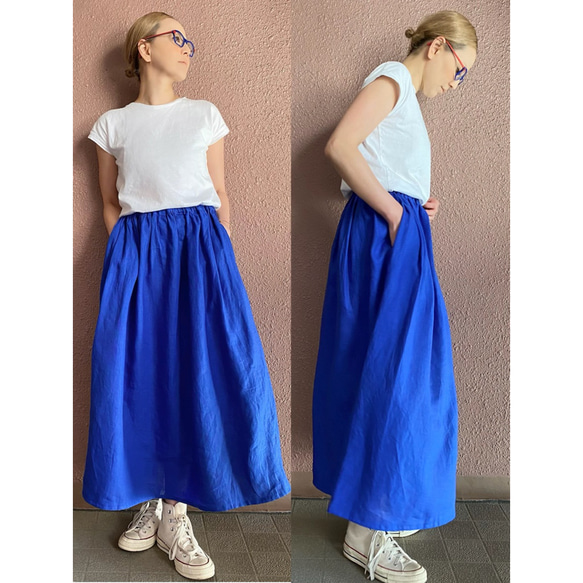 RATA❤️ショート〜ロング丈❣️綺麗に揺れる❤️大人のロングスカート❤️艶やかブルー❤️上質リネン100%❤️ 1枚目の画像