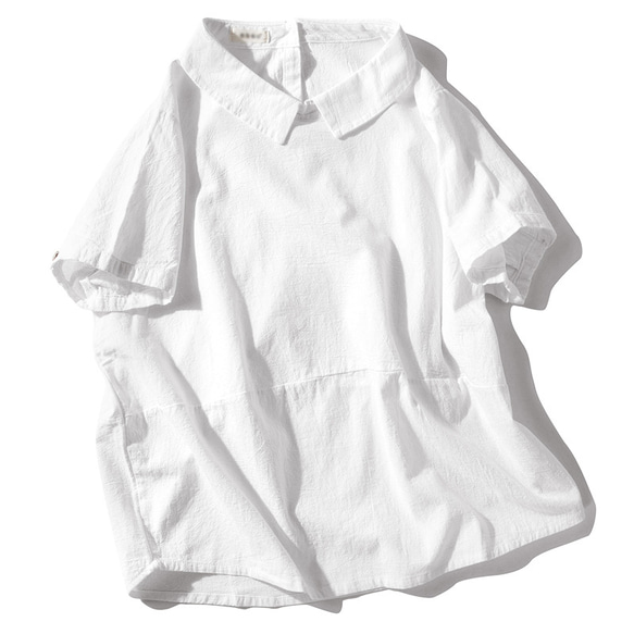 可愛い襟トップス　綿麻Tシャツ　半袖Tシャツ　ホワイト ＃12269WH 1枚目の画像