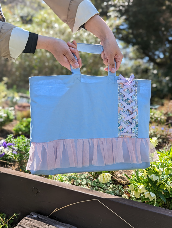 女の子*編み上げリボンとチュールのレッスンバッグ 絵本袋 習い事