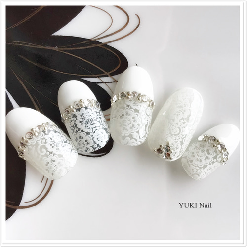 透かしレースとフレンチのウェディングネイル ネイルチップ（つけ爪