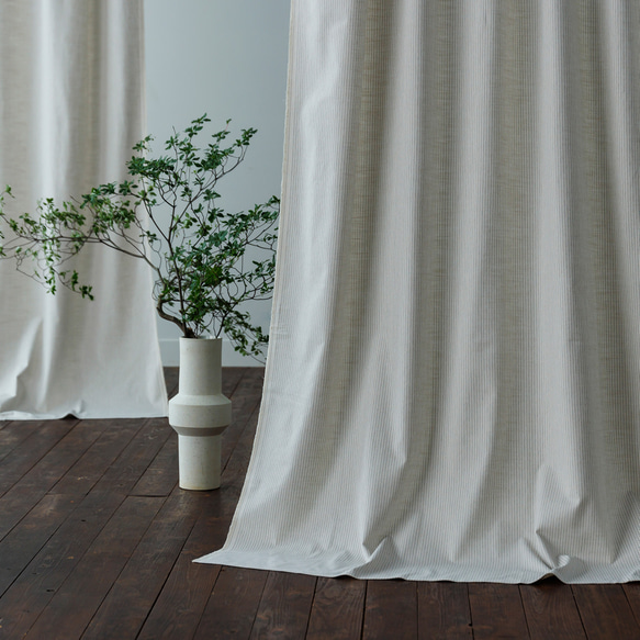 自然素材 綿 コットン100％カーテン モダンストライプ「レインアイボリー」カーテン ナチュラルカーテン 1枚目の画像