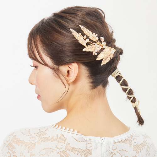 【ブライダル】ゴールドヘアアクセ ヘッドドレス】ゴールドフラワー&リーフクリスタル ブライダル