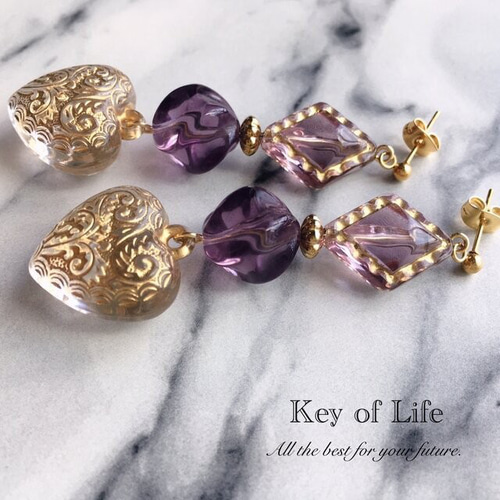 Key of Life♡大ぶりクリアハート×イタリア製パープル♡金属アレルギー 