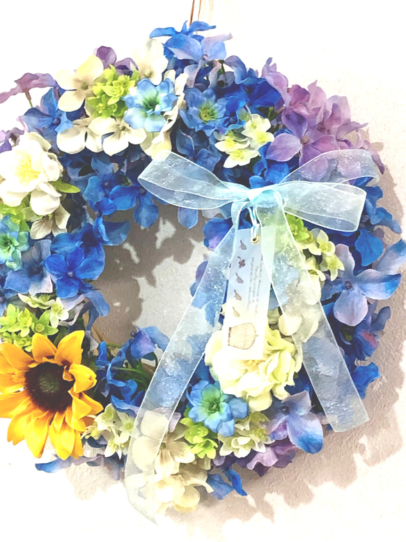 フラワーリース＊＊＊向日葵と紫陽花の夏色wreathe ♪  <1点物> 3枚目の画像