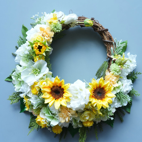 母の日に リース アーティフィシャルフラワー 玄関に清涼感を 造花の夏
