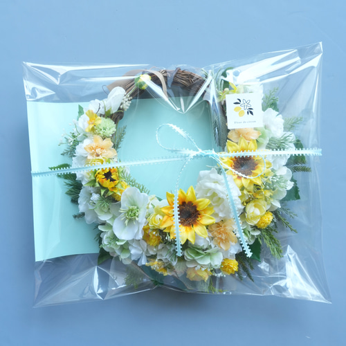 造花の夏リース ひまわり×メロン色の紫陽花で玄関に涼感を