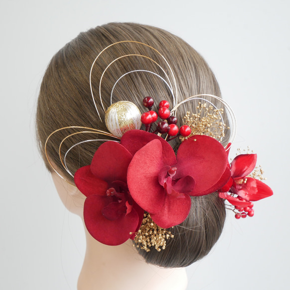P46 胡蝶蘭 髪飾り 赤ゴールド 成人式 振袖 卒業式 結婚式