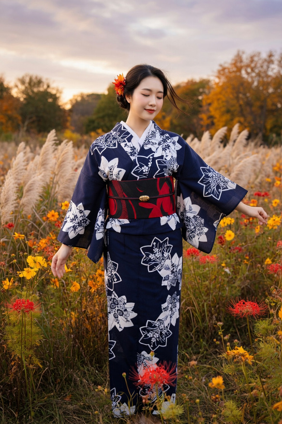 ＃23【本染 注染 お仕立て浴衣＊】濃紺×朱色花 ＊レトロ 未使用 手縫い浴衣 手染め藍注染 型染浴衣 濃紺 桔梗が揺れる絵になる洗練ディテール秋の