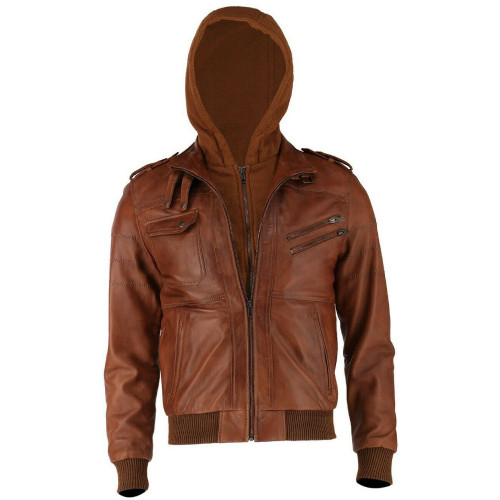 羊革ボンバージャケット (パーカー付き) Sheep Leather Bomber Jacket with Hoodie