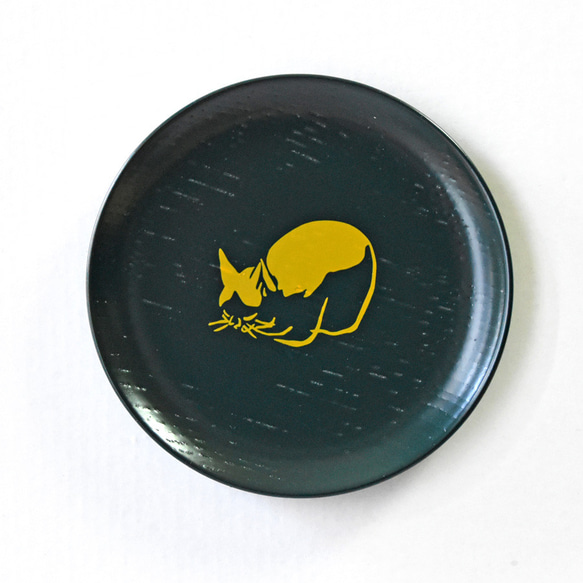 漆まめさら 動物シリーズ ねこ横（青・歌川広重） 木製漆塗り 漆器の豆