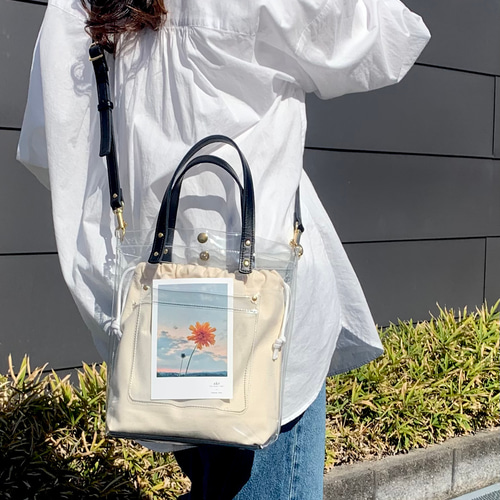 大人のクリアバッグ」 2WAY 本革 クリアトートバッグ ブラック 推し活