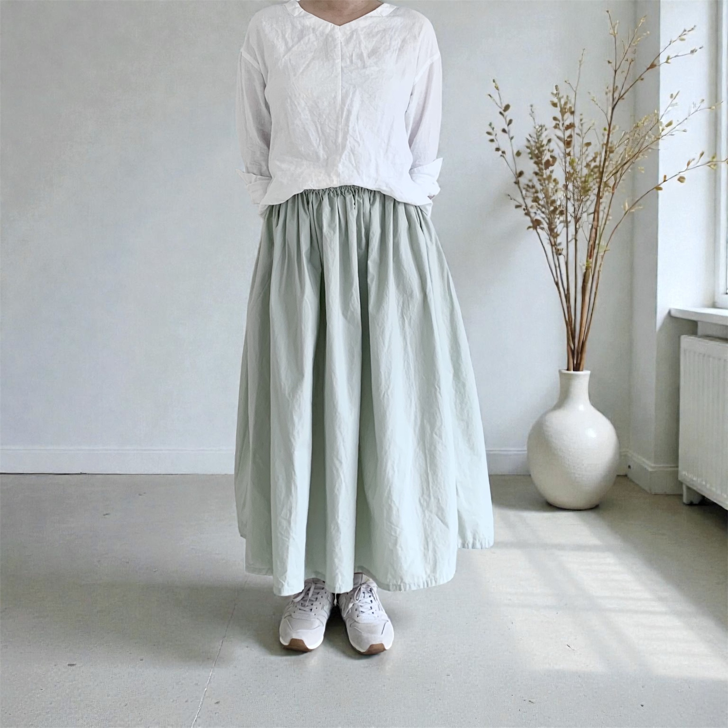 キレイめに着れる♪タイプライターのギャザースカート　ダスティミント