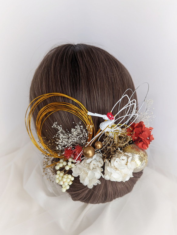 髪飾り 成人式 結婚式 卒業式 赤 ゴールド ドライフラワー 鶴 CR39 4枚目の画像