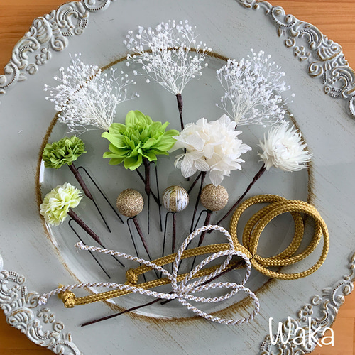 水引オプションカスタマイズ】ドライフラワーの髪飾り。緑・成人式