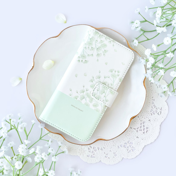 かすみ草 ミントグリーン 手帳型スマホケース iPhone Android ほぼ全機種対応 アンドロイド 花柄 1枚目の画像