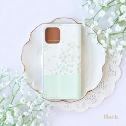 かすみ草 ミントグリーン 手帳型スマホケース iPhone Android ほぼ全機種対応 アンドロイド 花柄 9枚目の画像