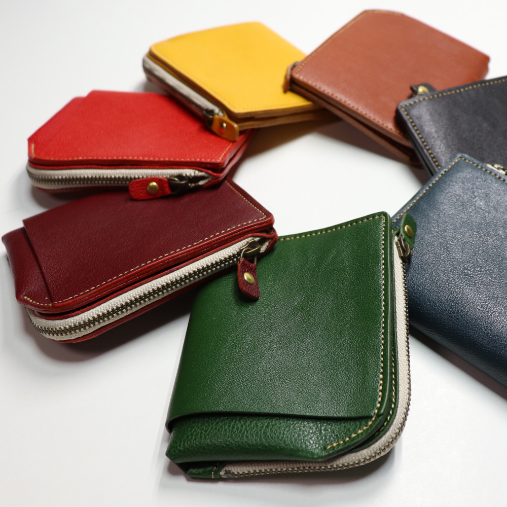 コインが取り出し易い二つ折り財布(黄/茶/赤/エンジ/緑/紺/黒)