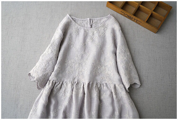 リネン100％贅沢総刺繍ポケット付きシンプルな大人可愛い五分袖